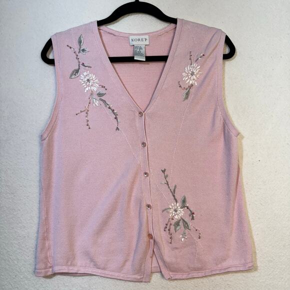 Koret Light Pink Rayon Knit Sweater Vest Ribbon Floral Embroidery Granny Small - Picture 1 of 6